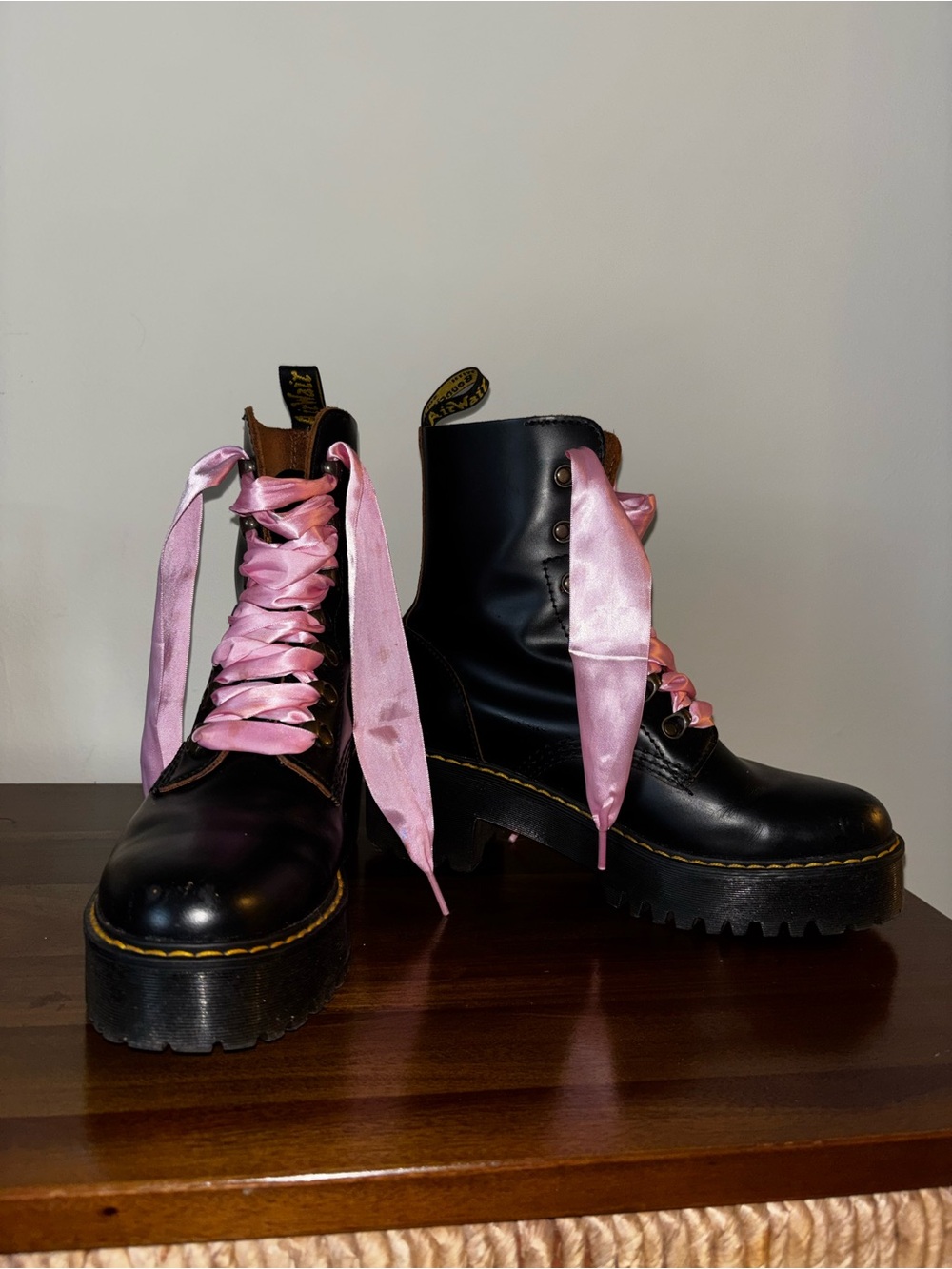 Dr. Martens Black Leather Platform Lace-Up Boots with Pink Satin Laces